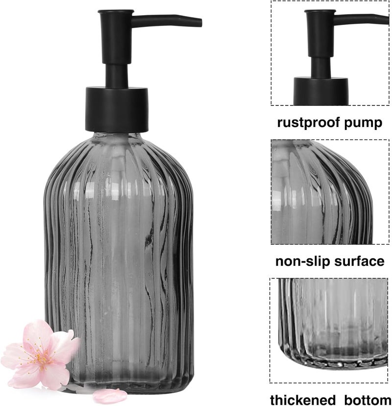 Ulable Black & Clear Glass Soap Dispenser with Plastic Pump, 13.5oz Vertical Stripe Design Hand Soap Dispenser for Dish Wash, Refillable Lotion Dispenser for Bathroom and Kitchen - Image 3